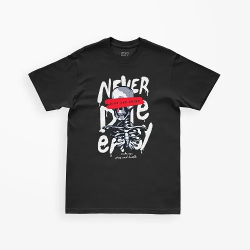 Never Die Easy graphic T-shirt from Charm Craft's branded apparel collection