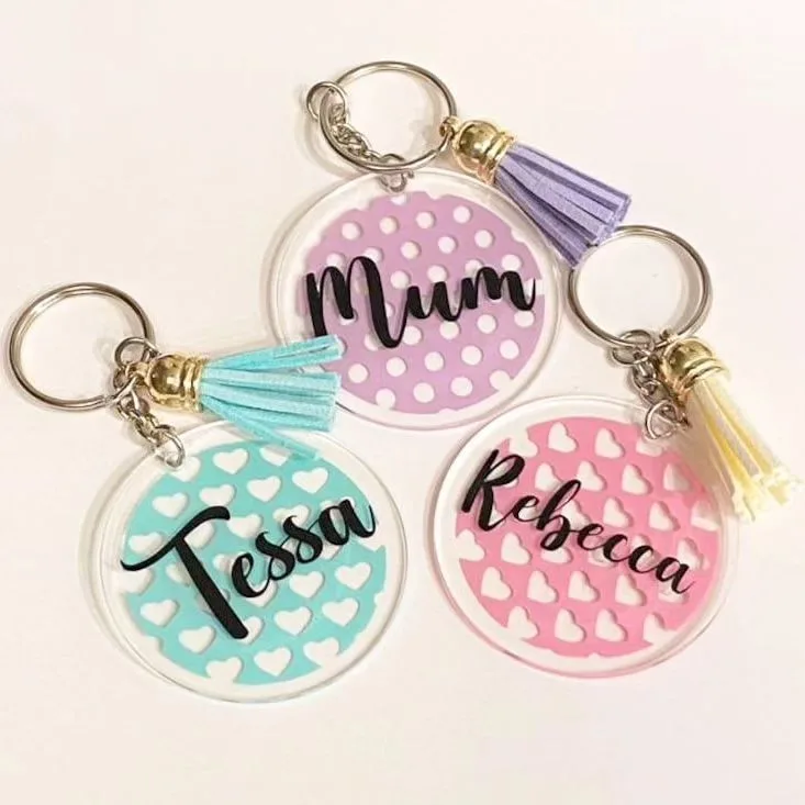 A finished keyring shot on a plain background, a simple product photography setup