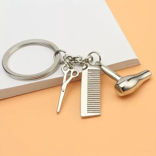 Hair Stylist Charm Keychain – Zinc Alloy Keyring with Miniature Scissors, Comb, and Blow Dryer