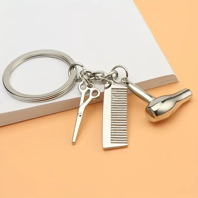 Hair Stylist Charm Keychain – Zinc Alloy Keyring with Miniature Scissors, Comb, and Blow Dryer