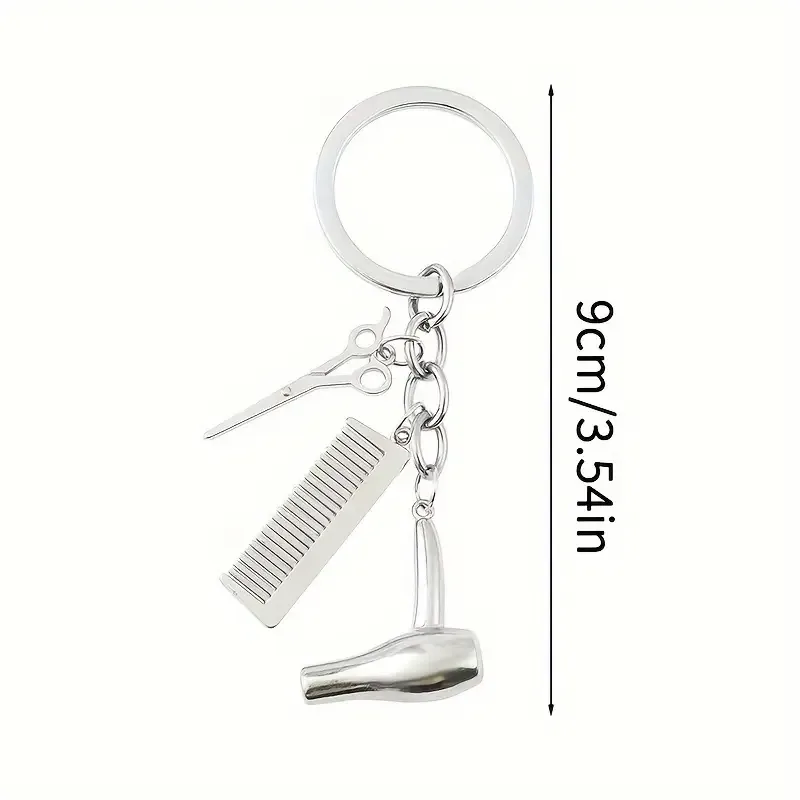Hair Stylist Charm Keychain – Zinc Alloy Keyring with Miniature Scissors, Comb, and Blow Dryer