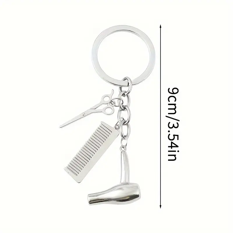 Hair Stylist Charm Keychain – Zinc Alloy Keyring with Miniature Scissors, Comb, and Blow Dryer