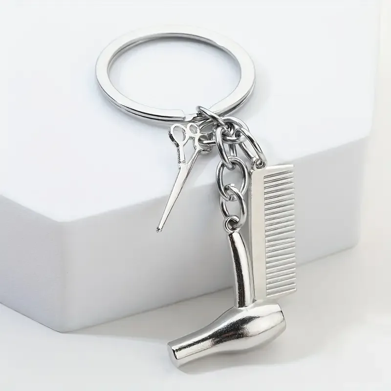 Hair Stylist Charm Keychain – Zinc Alloy Keyring with Miniature Scissors, Comb, and Blow Dryer