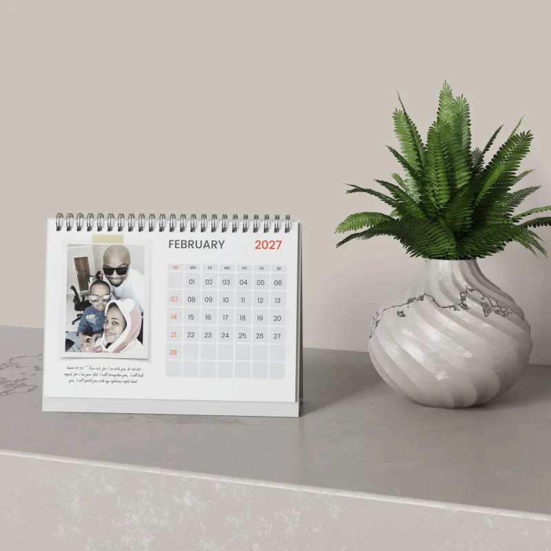 Personalised A5 Desk Calendar – Wire-O Bound | South Africa Customizable A5 wire-o bound desk calendar with a different personal photo printed on each month, glossy finish