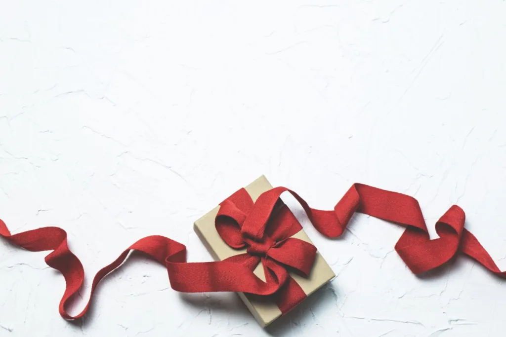 A wrapped gift box with ribbon, representing well-chosen Christmas gifts